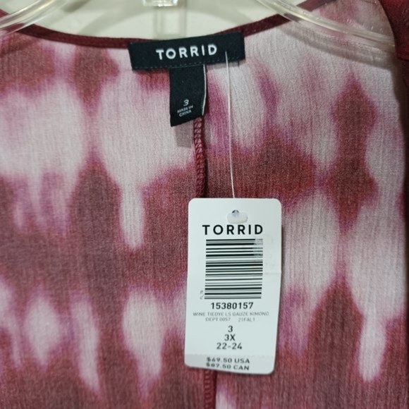 Torrid Wine Red Tie Dye Long Sleeve Lightweight Kimono Cover Top Plus Size - Picture 4 of 8